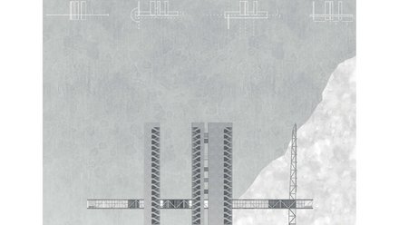 Graue Architekturzeichnung mit mehreren Türmen und seitlichen Treppen, verbunden durch Stege; rechts Uferkante mit Kran, oben Diagramme.