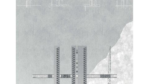 Graue Architekturzeichnung mit mehreren Türmen und seitlichen Treppen, verbunden durch Stege; rechts Uferkante mit Kran, oben Diagramme.