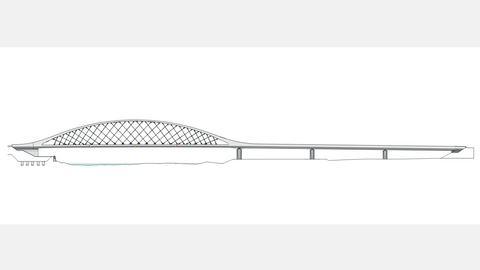 Längsschnitt einer Eisenbahnbrücke mit flachem Stahlbogen und Fahrbahn über einem Fluss.