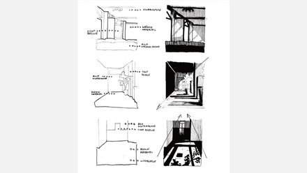Architektur‑Skizzen in drei Reihen: links jeweils einfache Linienzeichnungen mit Beschriftungen zu Konstruktion, Wänden, Boden, Bild‑Vorder-/Hintergrund und Lichtquelle; rechts die dazugehörigen, dunkel schraffierten Perspektiven von Innenräumen/Fluren mit Fenstern, Stützen und starkem Hell‑Dunkel‑Kontrast, unten mit Pfeilen zur Blickrichtung.
