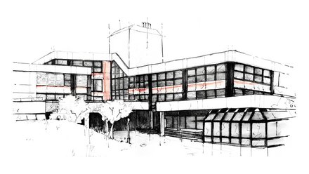 Handskizze des Gebäudekomplexes in Perspektive; horizontale und vertikale orangefarbene Fassadenbänder; angedeutete Bäume.