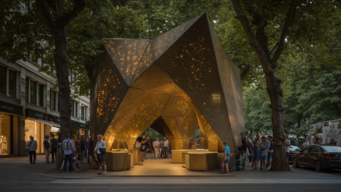 Skulpturaler, gold leuchtender Pavillon mit sternartigen Öffnungen zwischen Bäumen und Stadtgebäuden. Menschen stehen und gehen rund um den offenen Eingang.
