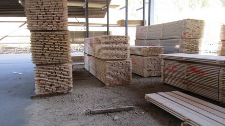 Überdachtes Lager: Gesägte Bretter in hohen, beschrifteten Paketen gestapelt.