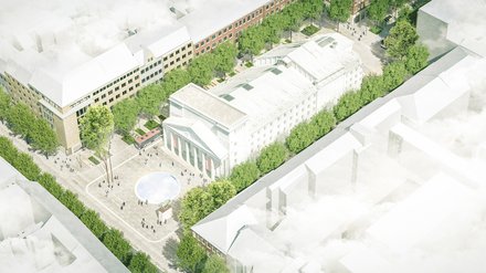 Helle Luftbild-Visualisierung eines Stadtquartiers mit großem Säulenbau, Platz mit rundem Wasserbecken und vielen Bäumen.