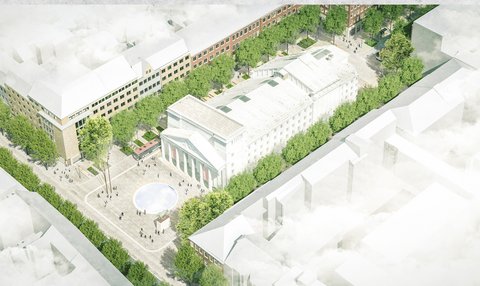 Helle Luftbild-Visualisierung eines Stadtquartiers mit großem Säulenbau, Platz mit rundem Wasserbecken und vielen Bäumen.