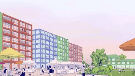 Illustration eines belebten Platzes mit Marktständen, Außengastronomie und Menschengruppen vor einer Reihe von Wohngebäuden.