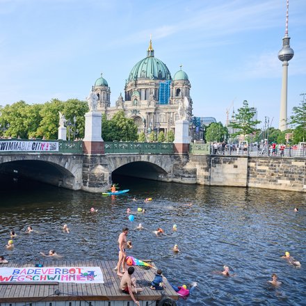 Zahlreiche Menschen schwimmen in einem Fluss unter einer Brücke in einer Großstadt. Im Hintergrund sind ein historischer Dom und ein Fernsehturm zu sehen, während Menschen das Geschehen vom Ufer aus beobachten.