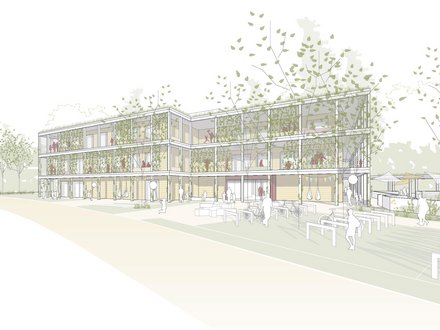 Perspektivische Darstellung eines Schulgebäudes mit begrünten Laubengängen und Außenbereich.