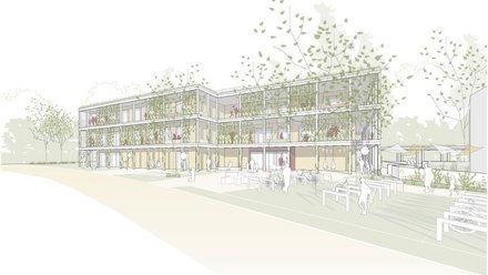 Perspektivische Darstellung eines Schulgebäudes mit begrünten Laubengängen und Außenbereich.