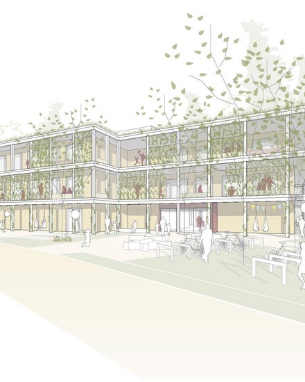Perspektivische Darstellung eines Schulgebäudes mit begrünten Laubengängen und Außenbereich.