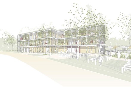 Perspektivische Darstellung eines Schulgebäudes mit begrünten Laubengängen und Außenbereich.