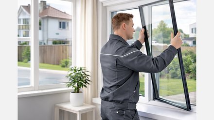 Handwerker setzt Glasscheibe in offenes Wohnungsfenster; Zimmerpflanze daneben.