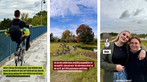 Bild 4.1 (Radfahrer auf Brücke): "Rückansicht eines Radfahrers mit Rucksack, der auf einer Metallbrücke steht und auf die Landschaft blickt. Im Hintergrund Fluss und grüne Wiesen. Grüner Text-Overlay unten."  Bild 4.2 (Fahrradgruppe im Naturschutzgebiet): "Eine Gruppe von etwa 10 Fahrradfahrern in einem grünen Naturschutzgebiet mit Fluss. Mehrere Bäume und Wildkräuter umgeben die Szene. Text-Kasten verweist auf Naturschutz und das Jahr 1945."  Bild 4.3 (Zwei Mädchen): "Zwei Mädchen posieren lächelnd nebeneinander vor grüner Natur und bewölktem Himmel. Die eine trägt einen grünen Cardigan, die andere ein schwarzes Shirt. Text 'diese.' sichtbar."