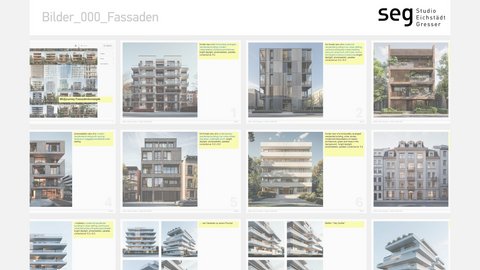 Zweite Moodboard-Seite mit mehreren Wohnfassaden-Renderings und gelben Notizen.