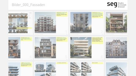 Zweite Moodboard-Seite mit mehreren Wohnfassaden-Renderings und gelben Notizen.
