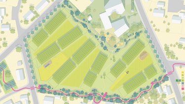 Planzeichnung eines Grünareals mit Wegen und Nutzungszonen.