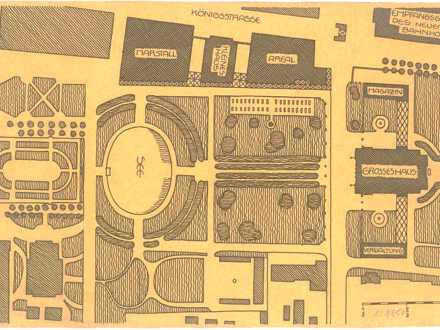 Historischer Bebauungsplan mit schematischer Darstellung von Straßen, Plätzen und Gebäuden.