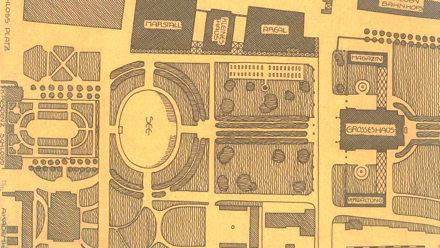 Historischer Bebauungsplan mit schematischer Darstellung von Straßen, Plätzen und Gebäuden.