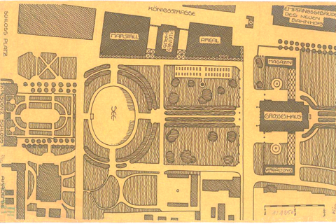 Historischer Bebauungsplan mit schematischer Darstellung von Straßen, Plätzen und Gebäuden.