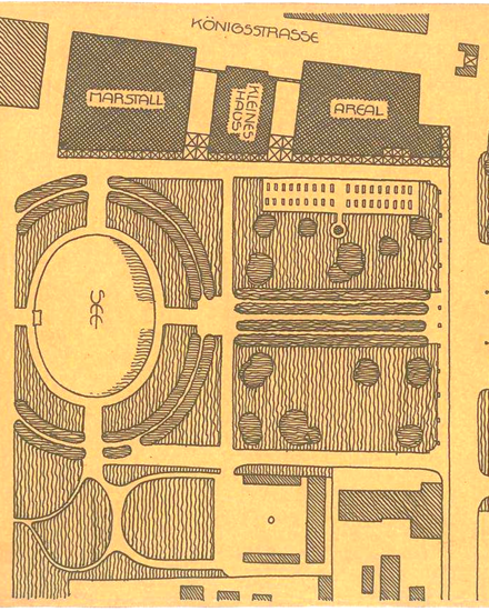Historischer Bebauungsplan mit schematischer Darstellung von Straßen, Plätzen und Gebäuden.