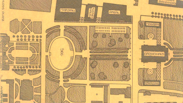Historischer Bebauungsplan mit schematischer Darstellung von Straßen, Plätzen und Gebäuden.