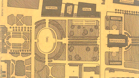 Historischer Bebauungsplan mit schematischer Darstellung von Straßen, Plätzen und Gebäuden.