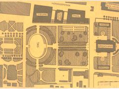 Historischer Bebauungsplan mit schematischer Darstellung von Straßen, Plätzen und Gebäuden.