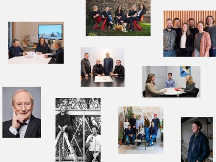 Collage aus mehreren Fotografien von Architekturbüros und Architekt:innen: Teams und Einzelporträts, Menschen im Gespräch an Tischen, Gruppenbilder in Büros oder im Freien sowie informelle Aufnahmen aus dem Arbeitsumfeld. Die Bilder zeigen unterschiedliche Personen, die gemeinsam planen, diskutieren oder für Gruppenporträts posieren.