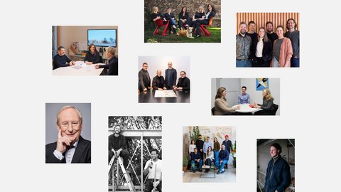 Collage aus mehreren Fotografien von Architekturbüros und Architekt:innen: Teams und Einzelporträts, Menschen im Gespräch an Tischen, Gruppenbilder in Büros oder im Freien sowie informelle Aufnahmen aus dem Arbeitsumfeld. Die Bilder zeigen unterschiedliche Personen, die gemeinsam planen, diskutieren oder für Gruppenporträts posieren.