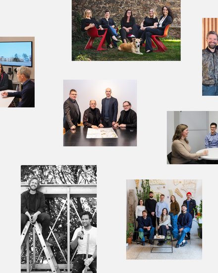 Collage aus mehreren Fotografien von Architekturbüros und Architekt:innen: Teams und Einzelporträts, Menschen im Gespräch an Tischen, Gruppenbilder in Büros oder im Freien sowie informelle Aufnahmen aus dem Arbeitsumfeld. Die Bilder zeigen unterschiedliche Personen, die gemeinsam planen, diskutieren oder für Gruppenporträts posieren.