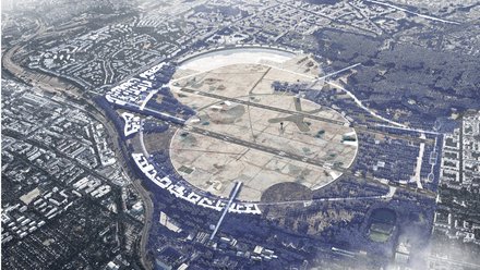 Atmosphärische Visualisierung des Tempelhofer Feldes im Stadtkontext.
