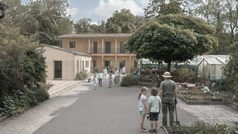 Visualisierung eines Holzgebäudes in einer Gartenanlage; Kinder und Erwachsene im Hof, rechts Gewächshäuser und ein großer Baum.