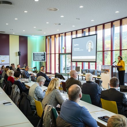 Großer Konferenzraum mit vielen sitzenden Teilnehmenden, vorne hält eine Person am Pult einen Vortrag