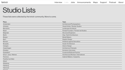 Screenshot der kntxtr-Webseite „Studio Lists“. Eine tabellarische Liste führt Orte wie Amsterdam, Berlin und Basel auf, gepaart mit spezifischen Fachthemen wie Architekturfotografie, Landschaftsarchitektur oder Modellbau.