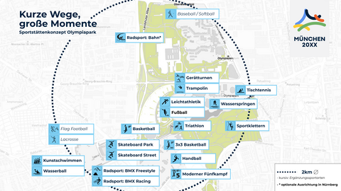 Lageplan der Sportstätten und Wege im Olympiapark.