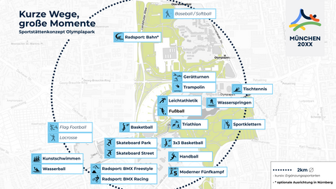 Lageplan der Sportstätten und Wege im Olympiapark.