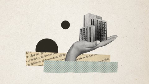 Collage-Illustration: Eine offene, graustufige Hand hält ein kleines Modell eines modernen Hochhauses; umgeben von abstrakten Formen – zwei schwarzen Kreisen, zerrissenen Papierstreifen mit Text und einem blauen, gepunkteten Band – vor beigem Papierhintergrund.