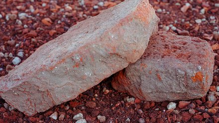 Nahaufnahme: zwei rötliche, verwitterte Ziegelsteine liegen auf kleinem Bauschutt.