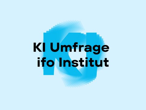 „Titelgrafik mit dem Schriftzug ‚KI Umfrage ifo Institut‘ vor einem hellblauen Hintergrund mit stilisierten, sich auffächernden Buchstaben.“