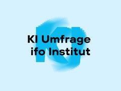 „Titelgrafik mit dem Schriftzug ‚KI Umfrage ifo Institut‘ vor einem hellblauen Hintergrund mit stilisierten, sich auffächernden Buchstaben.“