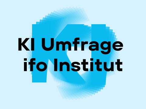 „Titelgrafik mit dem Schriftzug ‚KI Umfrage ifo Institut‘ vor einem hellblauen Hintergrund mit stilisierten, sich auffächernden Buchstaben.“