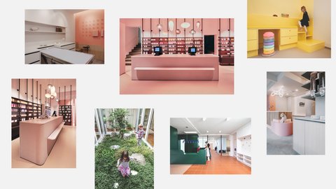 „Eine Fotocollage aus mehreren Bildern, die verschiedene moderne und farbenfrohe Innenraumkonzepte zeigen, darunter auffällige monochrome Räume in Pink und Gelb sowie begrünte, kreative Arbeitswelten.“