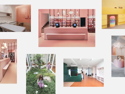 „Eine Fotocollage aus mehreren Bildern, die verschiedene moderne und farbenfrohe Innenraumkonzepte zeigen, darunter auffällige monochrome Räume in Pink und Gelb sowie begrünte, kreative Arbeitswelten.“