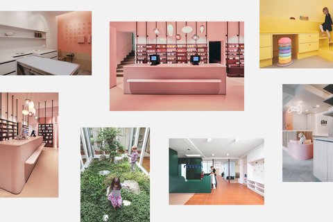 „Eine Fotocollage aus mehreren Bildern, die verschiedene moderne und farbenfrohe Innenraumkonzepte zeigen, darunter auffällige monochrome Räume in Pink und Gelb sowie begrünte, kreative Arbeitswelten.“