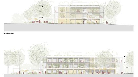 Architekturansichten eines dreigeschossigen Schulgebäudes mit Laubengängen, Begrünung und umliegenden Bäumen.