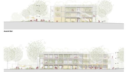 Architekturansichten eines dreigeschossigen Schulgebäudes mit Laubengängen, Begrünung und umliegenden Bäumen.