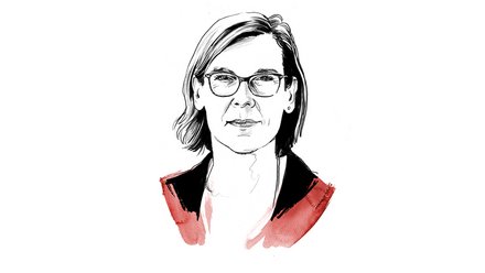  Illustration: Kopf‑Schulter‑Porträt einer Person mit Brille und schulterlangem Haar; rote Aquarellakzente am Jackenkragen; weißer Hintergrund.