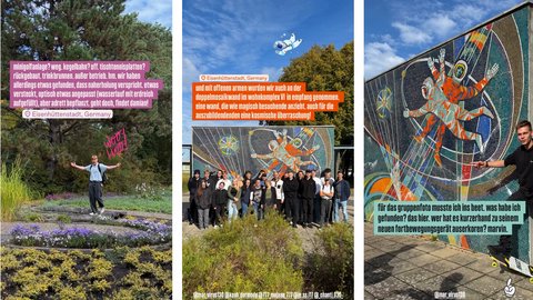 Bild 3.1 (Person vor Wald mit Text): "Eine Person steht mit ausgebreiteten Armen vor einem Wald mit Büschen in Blau- und Gelbtönen. Darüber ein pinkfarbener Text-Overlay mit Fragen zu Miniaturanlagen. Standortangabe: Eisenhüttenstadt."  Bild 3.2 (Astronaut und Gruppe): "Eine Illustration eines Astronauten schwebt über einer Gruppe von etwa 20 Personen, die vor bunten geometrischen Wandillustrationen stehen. Der Himmel ist hellblau. Ein orangefarbener Text-Overlay oben."  Bild 3.3 (Mosaik-Mauer mit Person): "Eine farbenfrohe Mosaikmauer mit orangefarbenen und blauen Mustern. Ein Mann posiert neben der Wand und zeigt darauf. Ein türkisfarbener Text-Kasten unten."