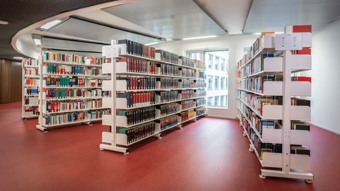 Blick in eine moderne Bibliothek mit mehreren Bücherregalen auf rotem Boden und großem Fenster im Hintergrund