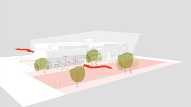 Diagrammatische Darstellung eines offenen Erdgeschosses mit Wegen, Grünflächen und Nutzungszonen.